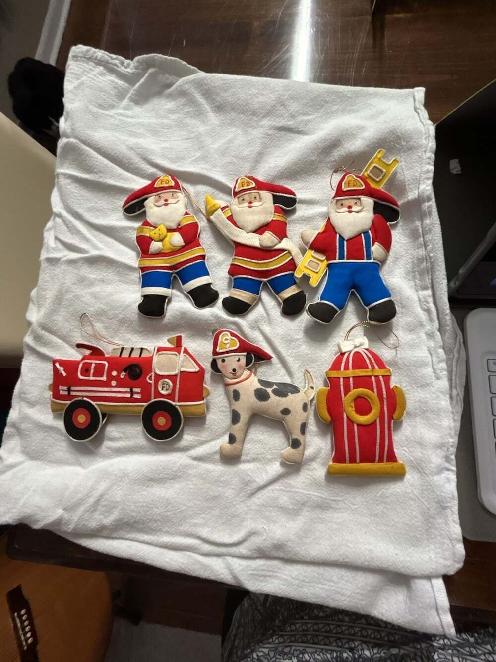Vintage Felt Firefighter Christmas Ornament Set - Fire Engine, Dalmatian, Hydran